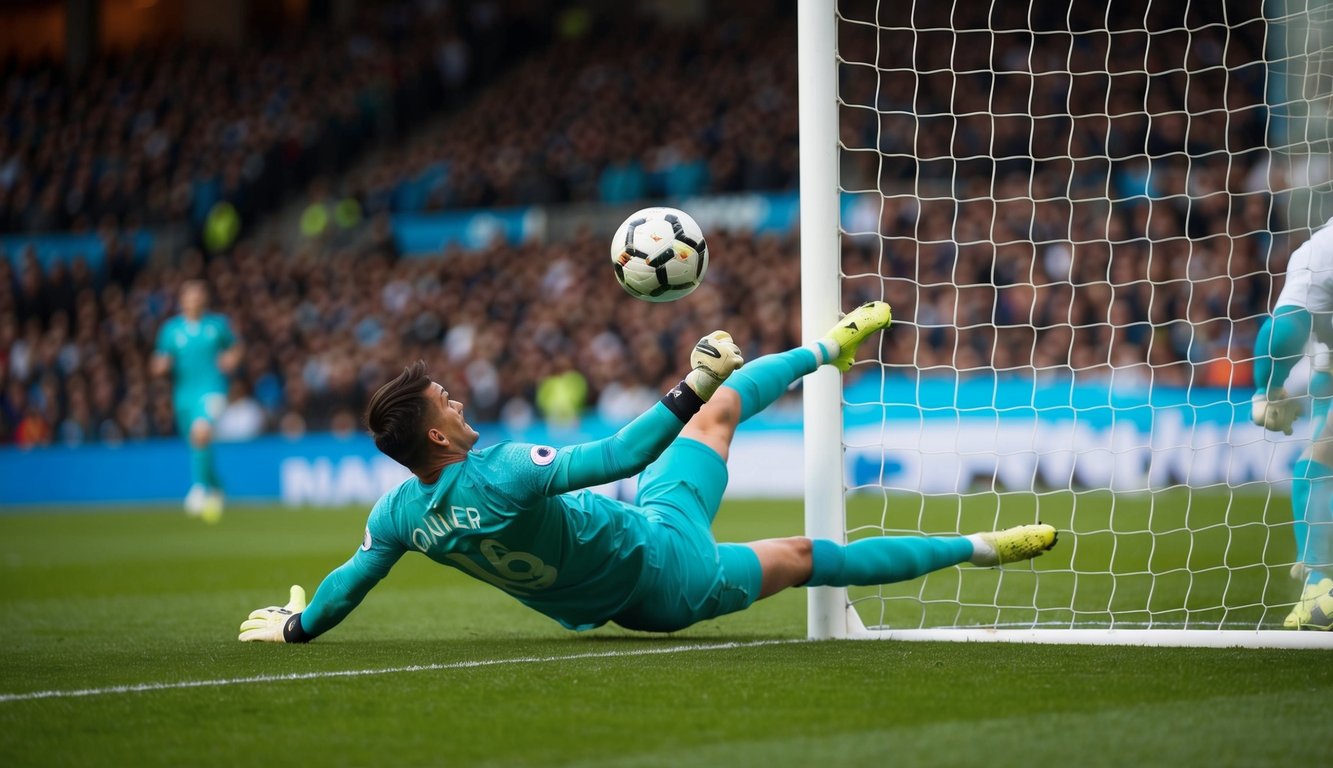 Sebuah bola sepak terbang ke sudut atas gawang, dengan kiper melompat dalam usaha sia-sia untuk menyelamatkannya