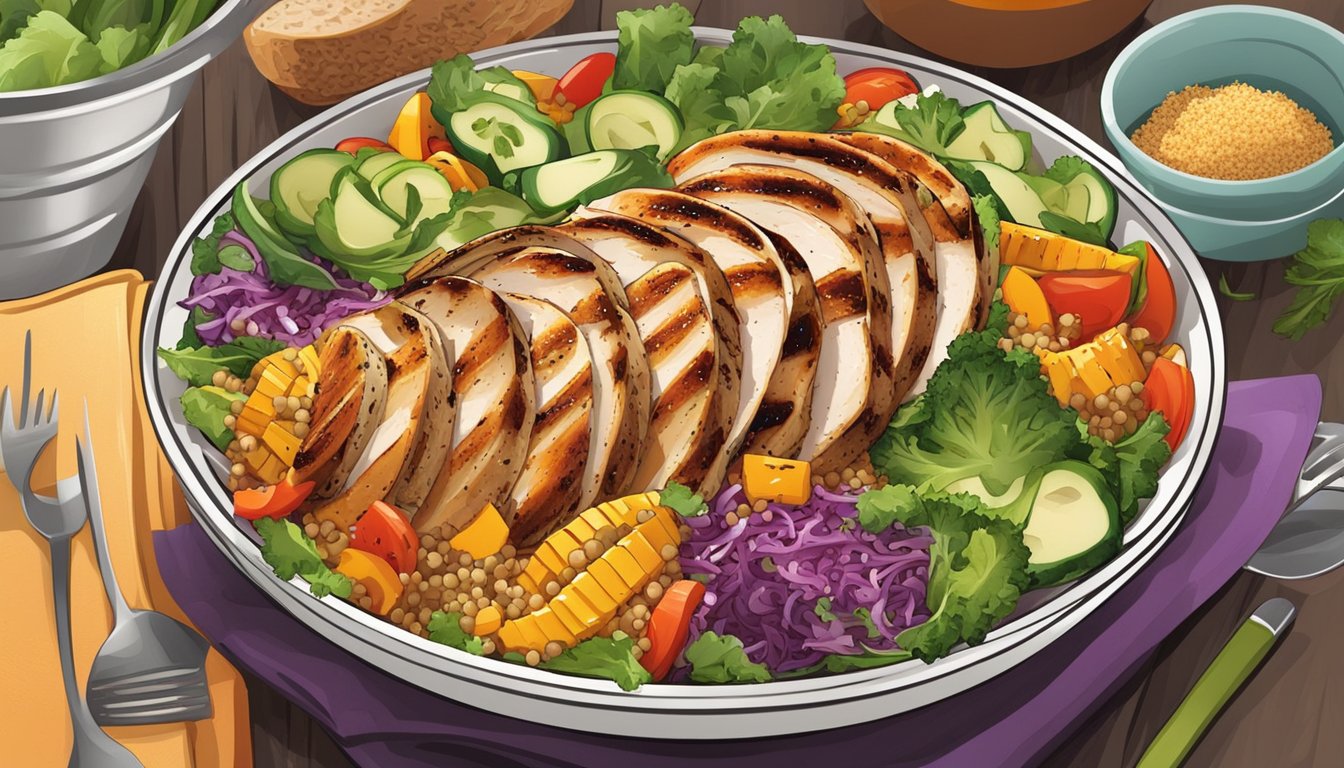 A colorful salad bowl with grilled chicken, quinoa, and various vegetables arranged in an organized and appealing manner