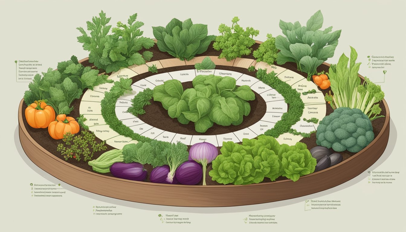 A garden bed with various vegetables surrounded by a ring of 13 different herbs, each labeled with its name