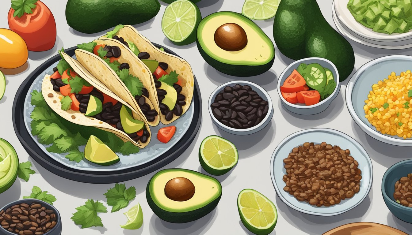 A colorful plate of avocado and black bean tacos surrounded by fresh ingredients and a stress management meal plan for diabetics