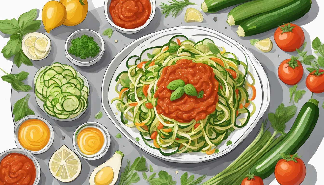 A colorful plate of zucchini noodles topped with marinara sauce surrounded by fresh herbs and vegetables