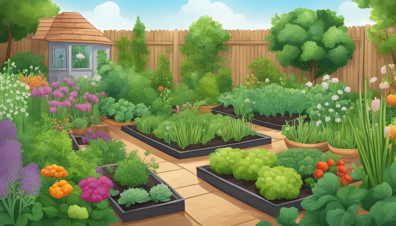 A garden with various vegetables surrounded by chives and other herbs, with pests being repelled by the plants