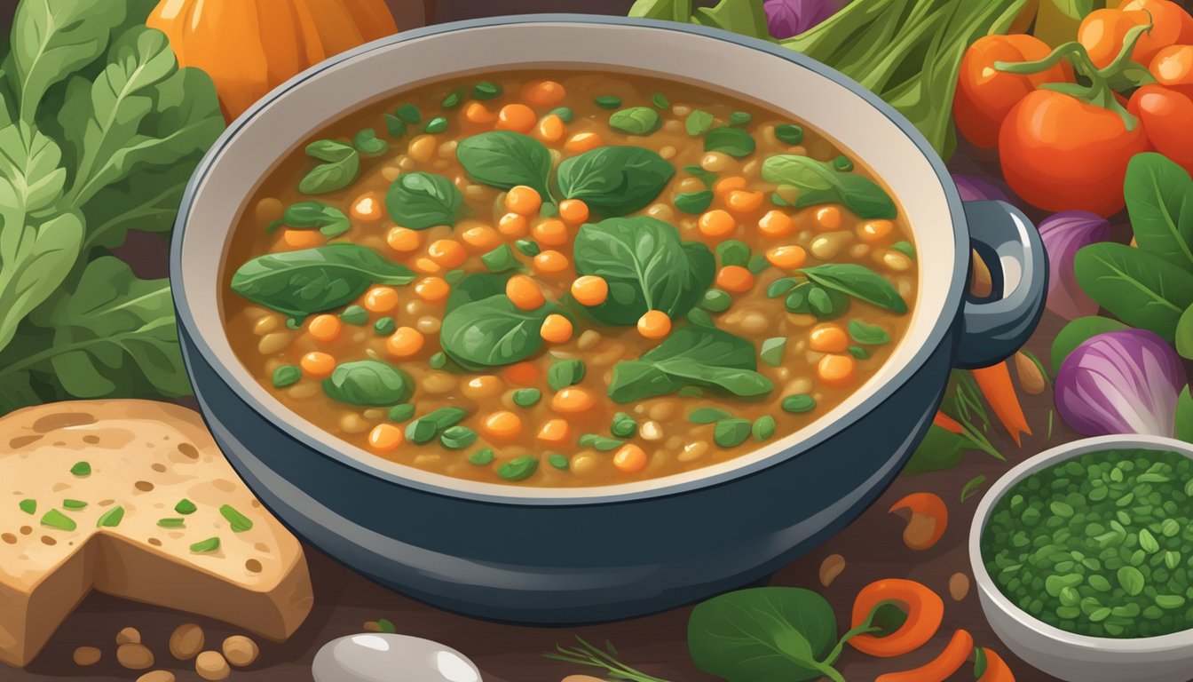 A steaming bowl of lentil soup with spinach sits on a table surrounded by vibrant vegetables and herbs