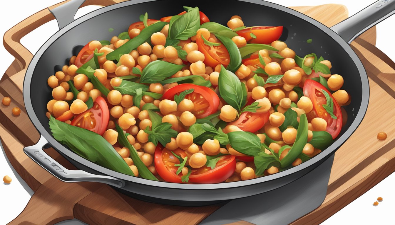 A colorful stir-fry sizzling in a pan, with chickpeas, tomatoes, and vibrant spices