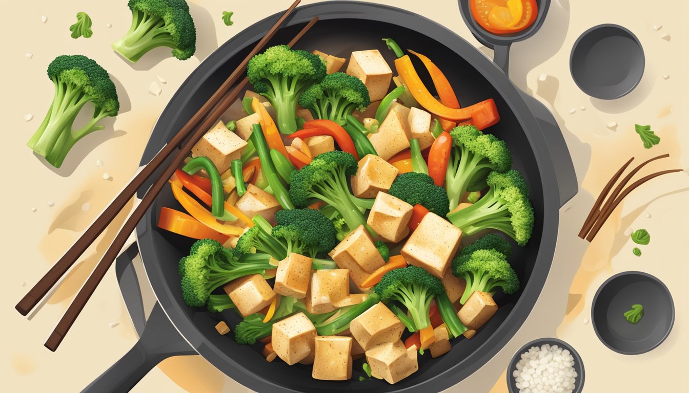 A sizzling wok with tofu, broccoli, and colorful vegetables being stir-fried over a high flame