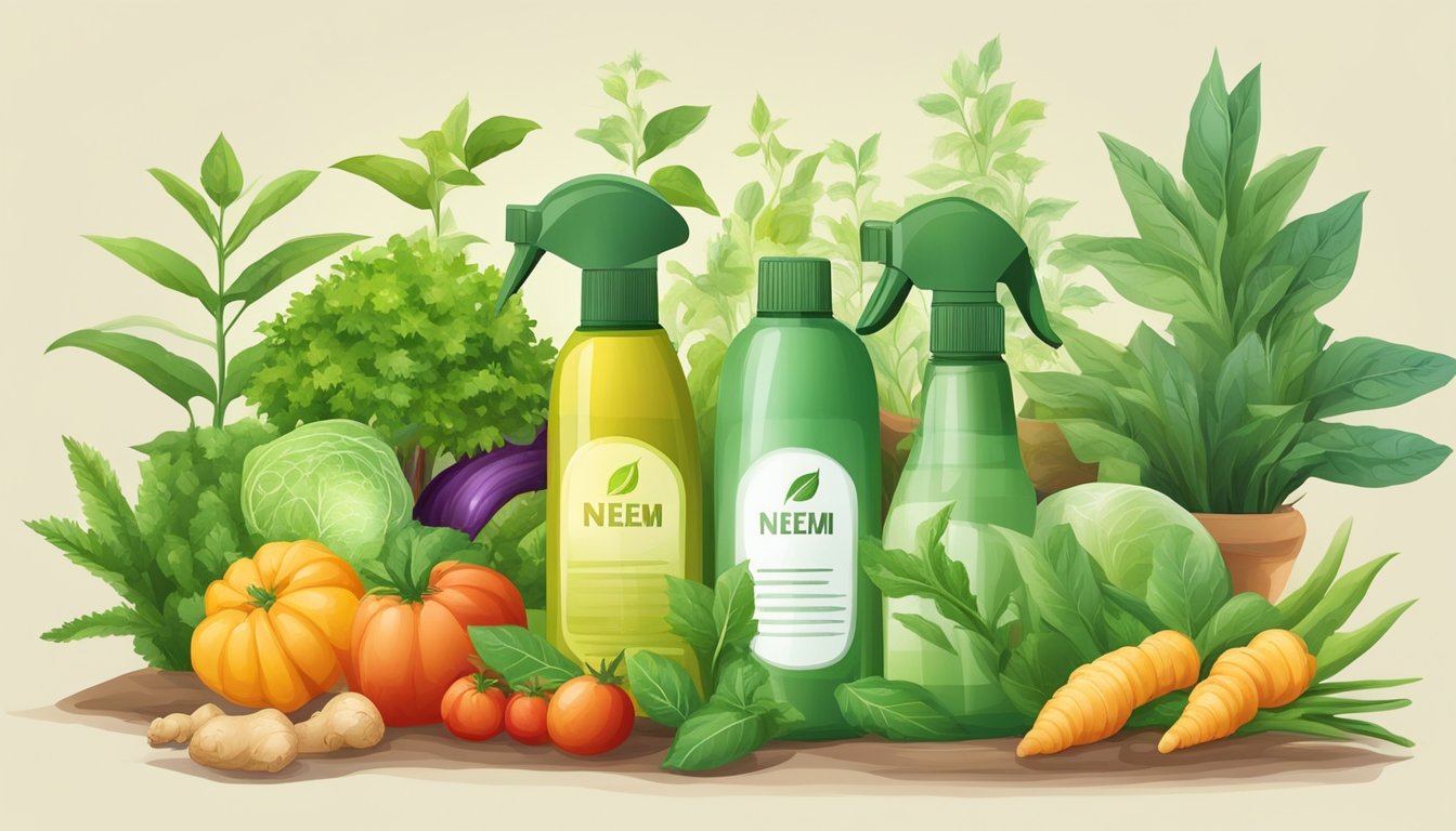 A garden with various vegetables surrounded by Neem oil and ginger solution spray bottles, with plants free of pests