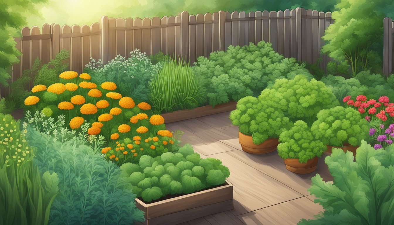 A garden with various vegetables surrounded by vibrant and fragrant herbs such as dill, creating a natural barrier against pests