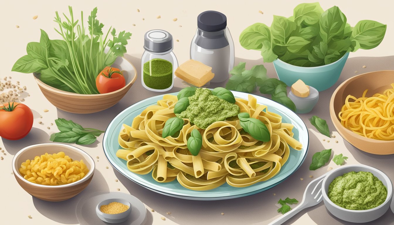 A colorful plate of whole grain pasta with pesto surrounded by fresh ingredients and a diabetes-friendly meal plan booklet