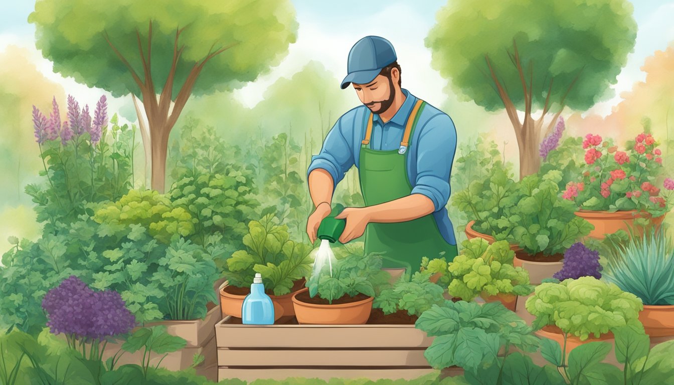 A gardener mixing neem oil and dish soap in a spray bottle, surrounded by various vegetable plants in a garden bed