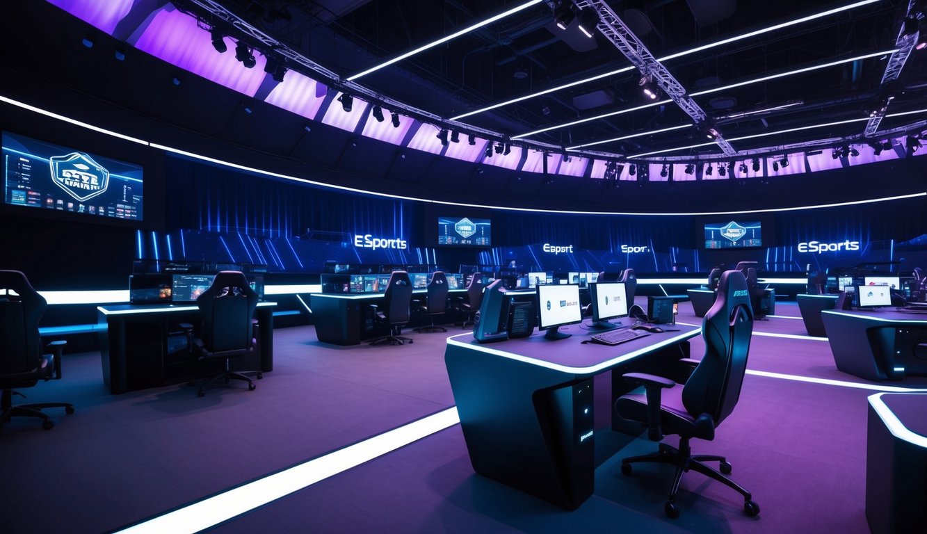 Sebuah arena esports futuristik dengan arsitektur ramping yang diterangi neon dan peralatan permainan berteknologi tinggi