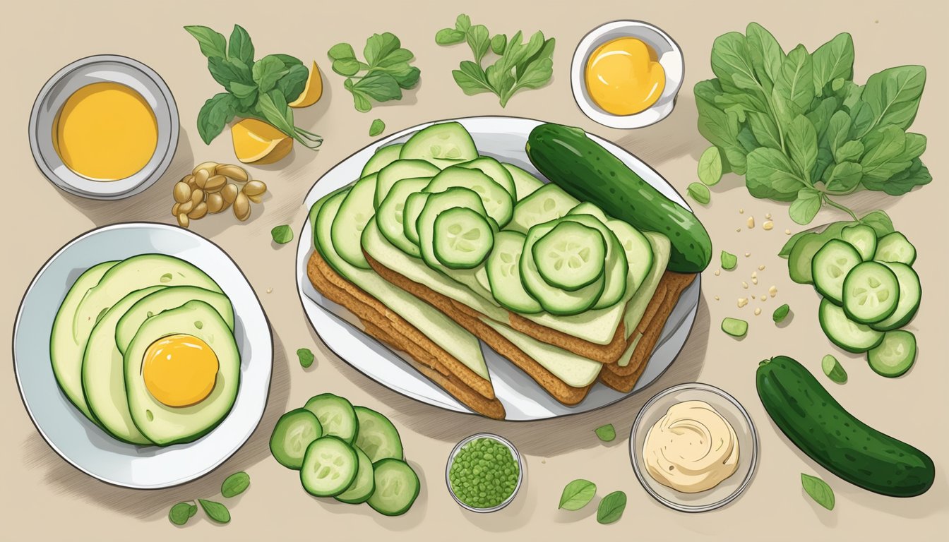 A cucumber and hummus sandwich surrounded by various stress management meal plan ingredients