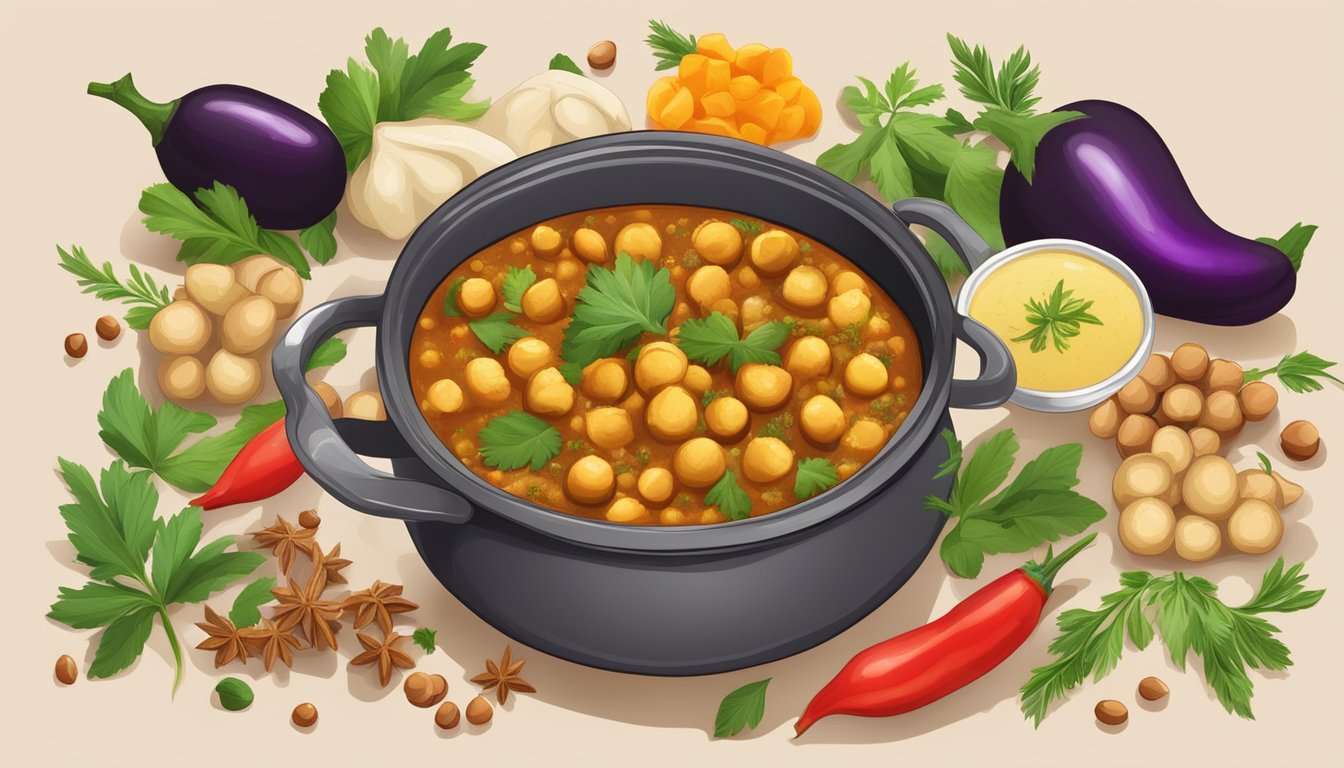 A steaming pot of eggplant and chickpea curry surrounded by colorful spices and fresh herbs