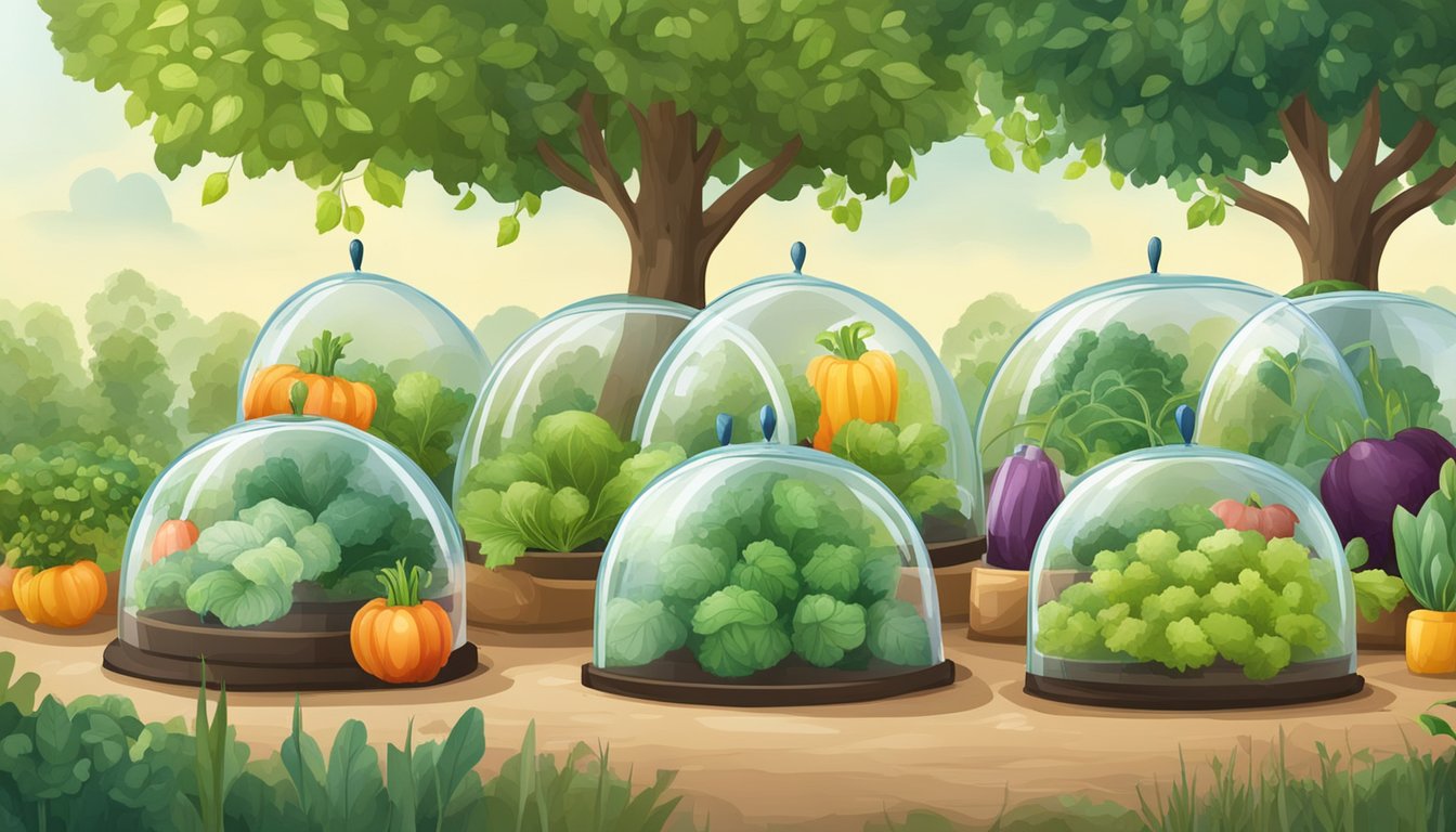 A garden with 10 glass cloches protecting various vegetables from pests