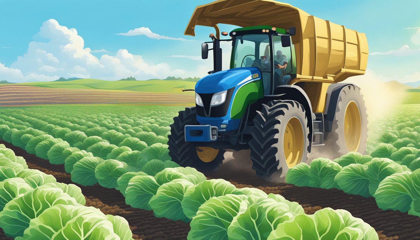 A farmer sprinkles Bt toxin dust onto a field of cabbage, with a clear blue sky in the background