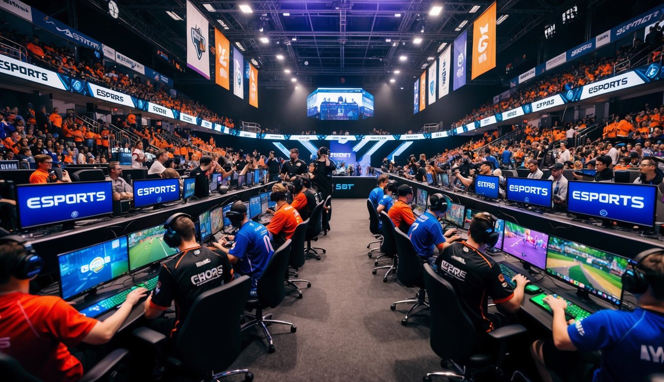 Sebuah arena esports yang ramai dengan pemain yang bersaing dalam berbagai permainan, dikelilingi oleh penggemar yang bersorak dan spanduk berwarna-warni