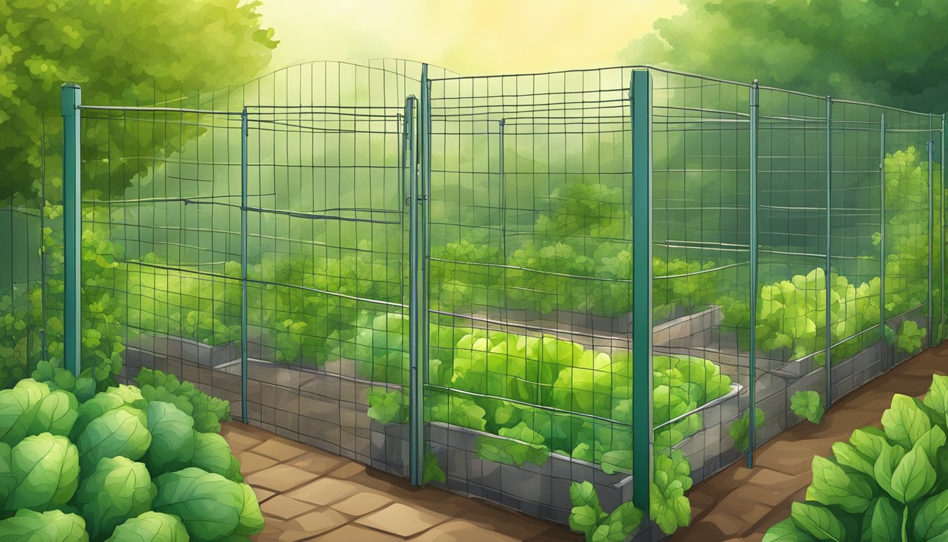 A wire mesh fence surrounds a lush vegetable garden, protecting it from pests