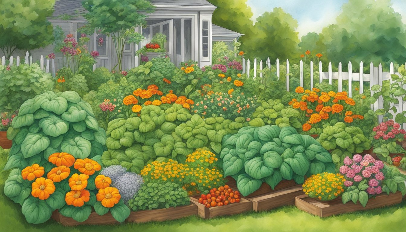 A garden with basil surrounded by marigolds, nasturtiums, and garlic, deterring pests from tomatoes, peppers, and cucumbers