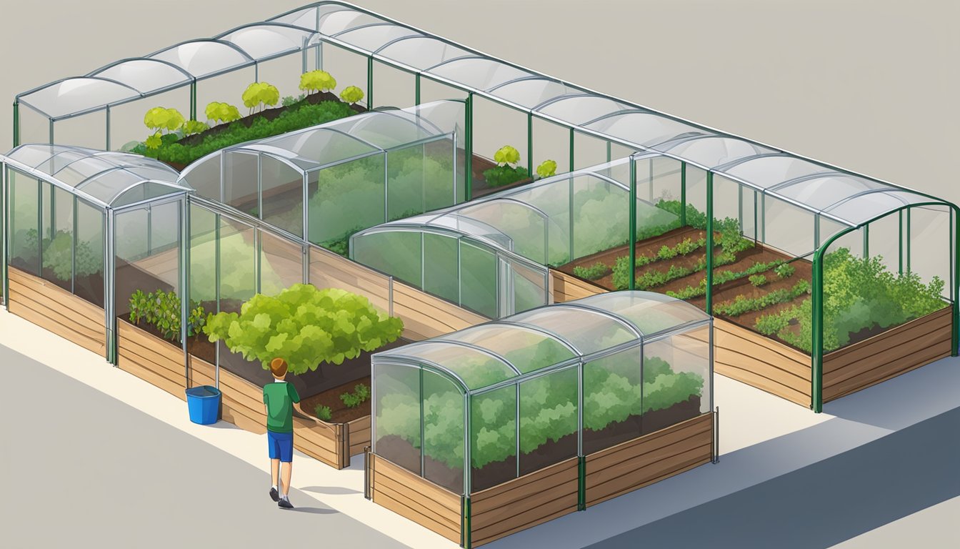 A garden with 10 polycarbonate panels forming barriers around vegetable beds to protect them from pests