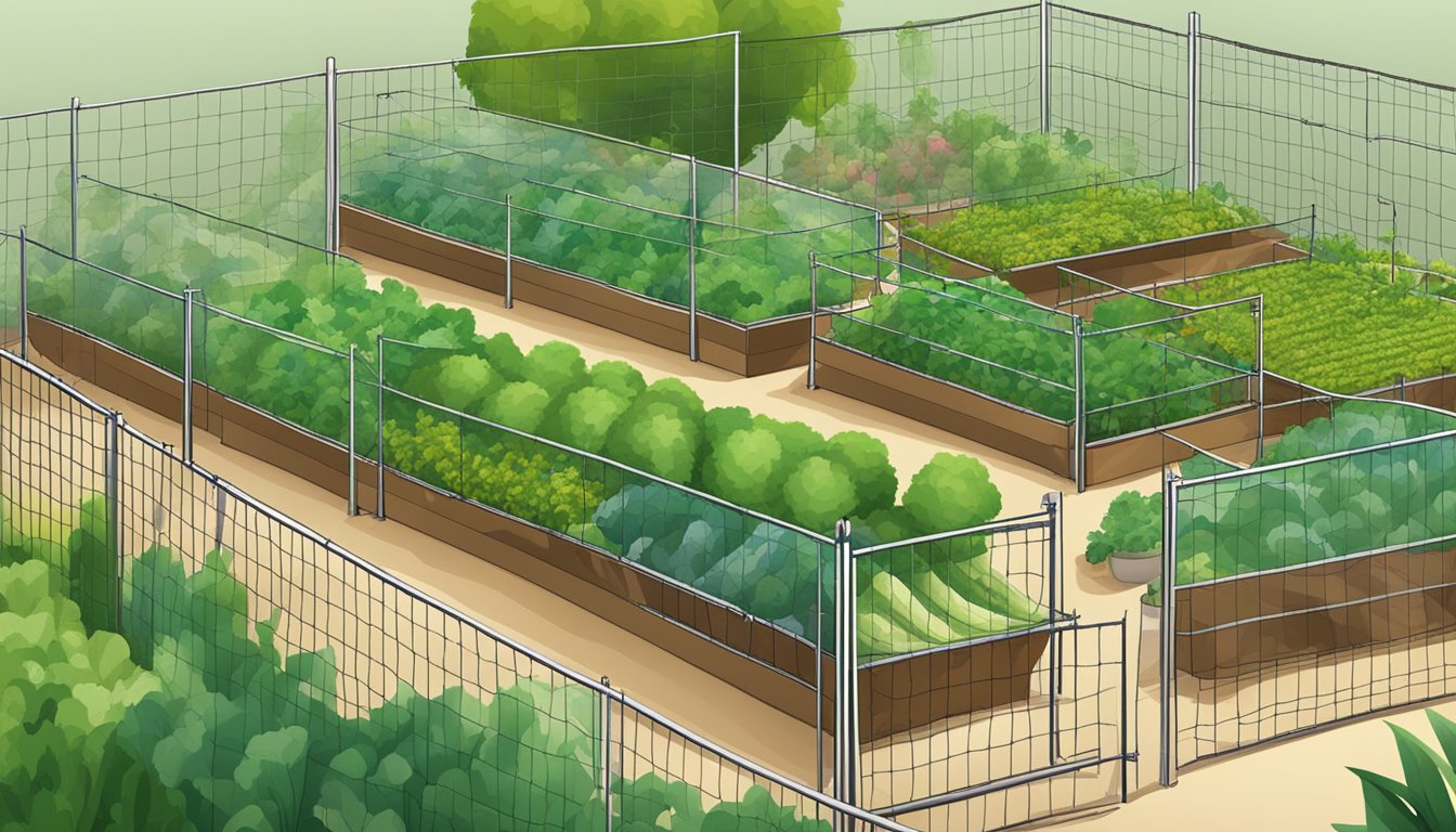 A garden with 10 physical barriers such as fences, netting, and row covers protecting various vegetables from pests