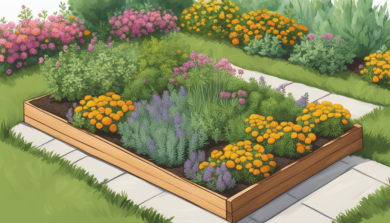 A garden bed with rosemary surrounded by marigolds, basil, thyme, sage, chives, and mint to deter pests