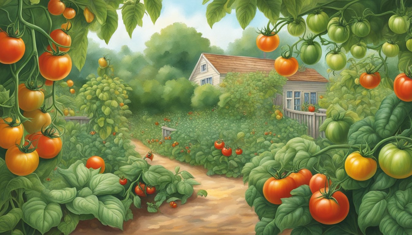 A garden scene with ripe tomatoes and green foliage, with several tomato hornworms crawling on the plants. Surrounding the garden are natural control methods such as ladybugs, birds, and beneficial insects