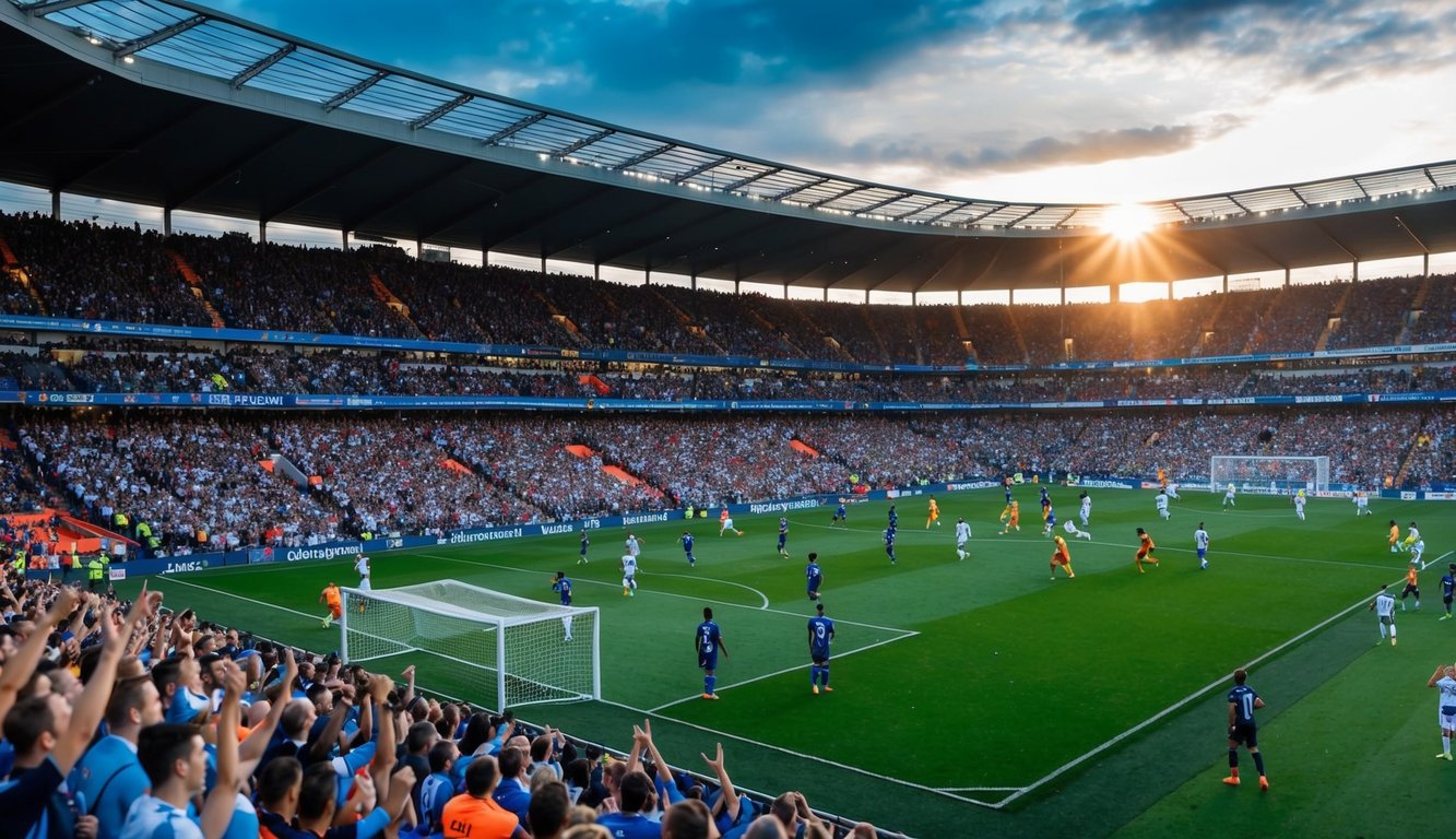 Sebuah stadion sepak bola yang ramai dengan pemain di lapangan dan penggemar bersorak di tribun