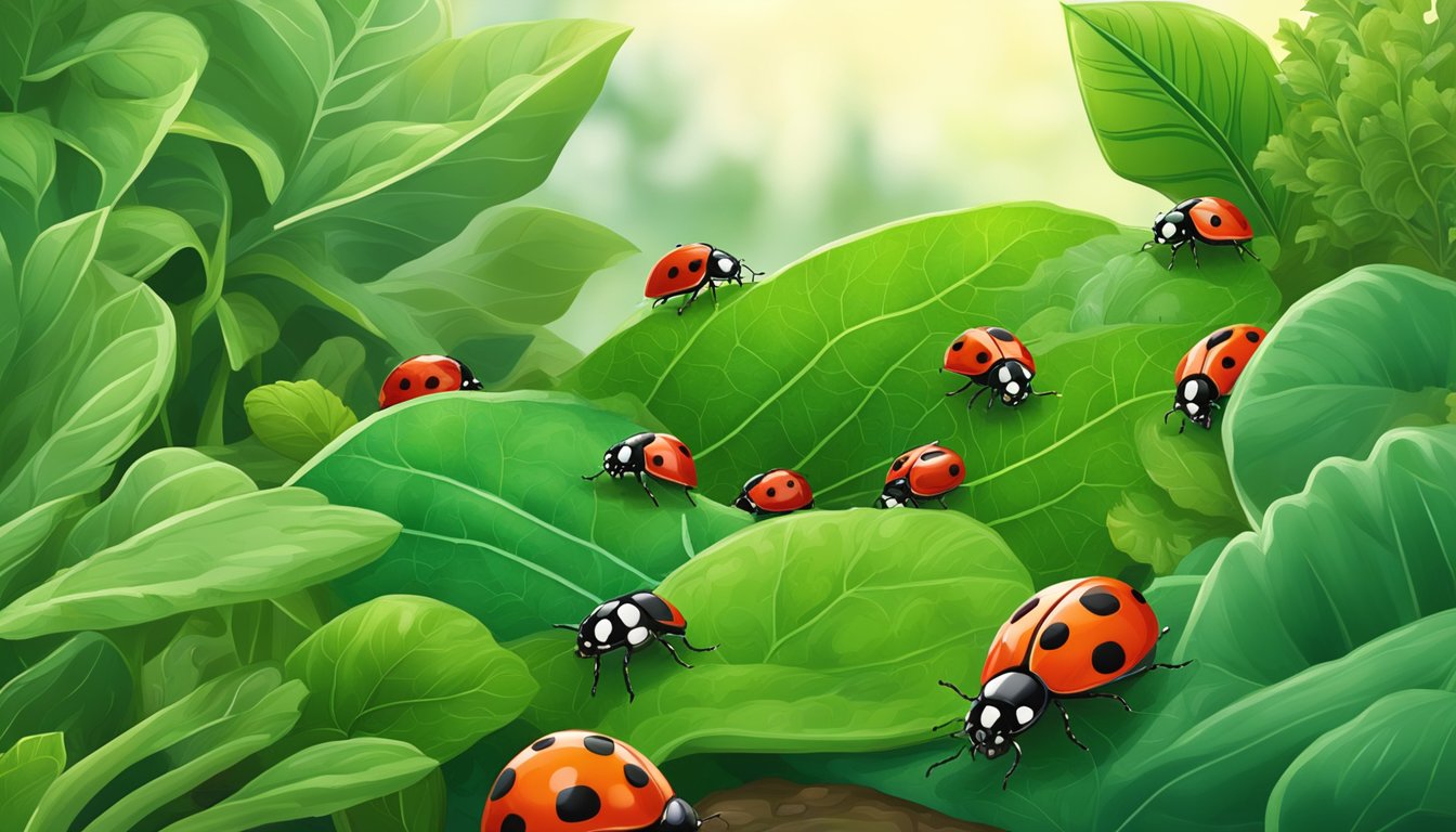 A lush vegetable patch with ladybugs crawling on the leaves, protecting the plants from harmful insects