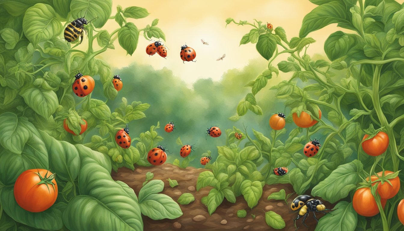 A garden scene with tomato plants, ladybugs, and praying mantises releasing them to control hornworms