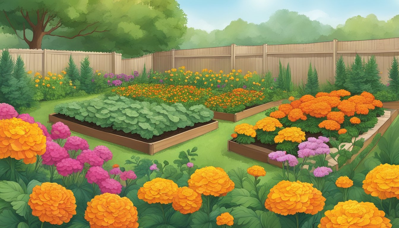 A lush vegetable garden with marigolds planted strategically among the crops, deterring aphids with their vibrant blooms