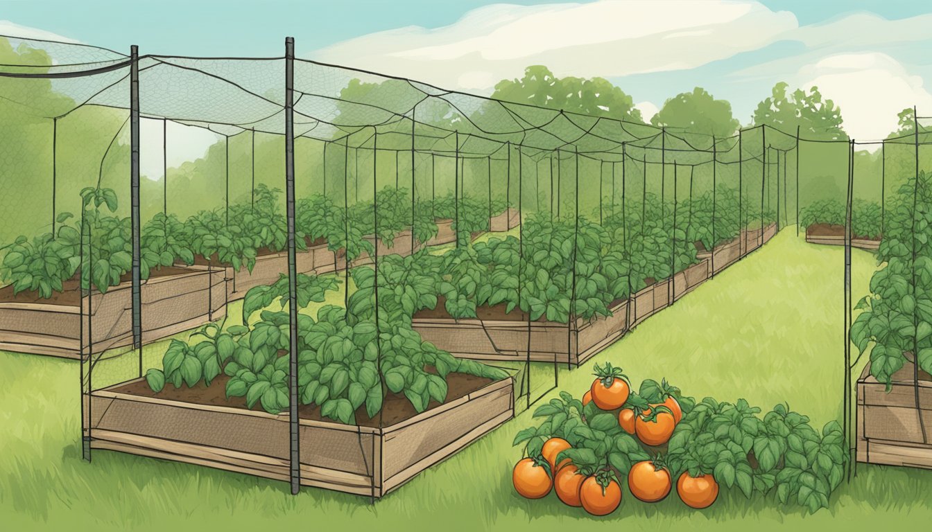 A garden scene with tomato plants and chicken wire traps set up to catch tomato hornworms