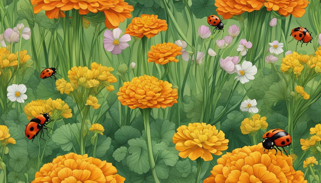 Chives surrounded by marigolds, nasturtiums, and garlic, with ladybugs and lacewings present, warding off aphids in a vibrant vegetable garden