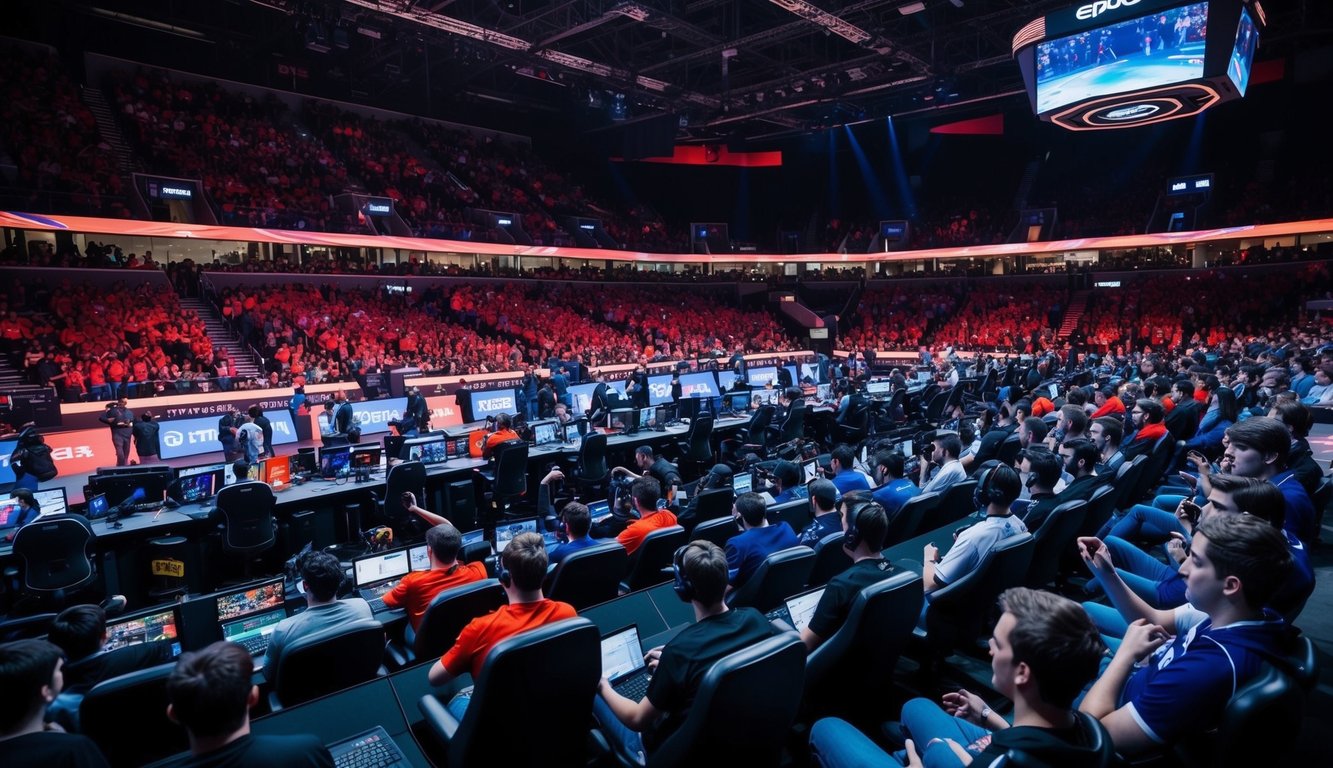 Sebuah arena esports yang ramai dengan pertandingan intens dan penggemar yang bersorak