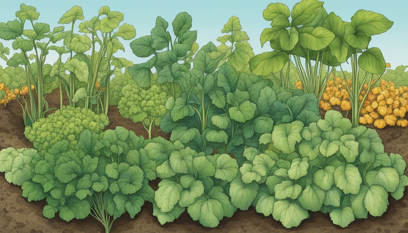 Healthy vegetable plants surrounded by wilting, discolored leaves and stunted growth. Visible signs of pest infestation such as holes in leaves, webbing, and insect eggs