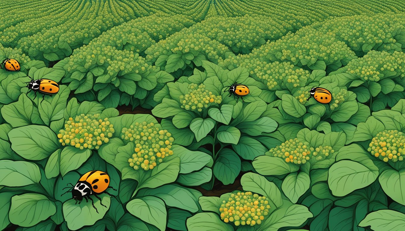 A lush potato field with vibrant green leaves, dotted with orange and black Colorado Potato Beetles. Surrounding the field are signs of organic pest management strategies such as companion planting and mulching