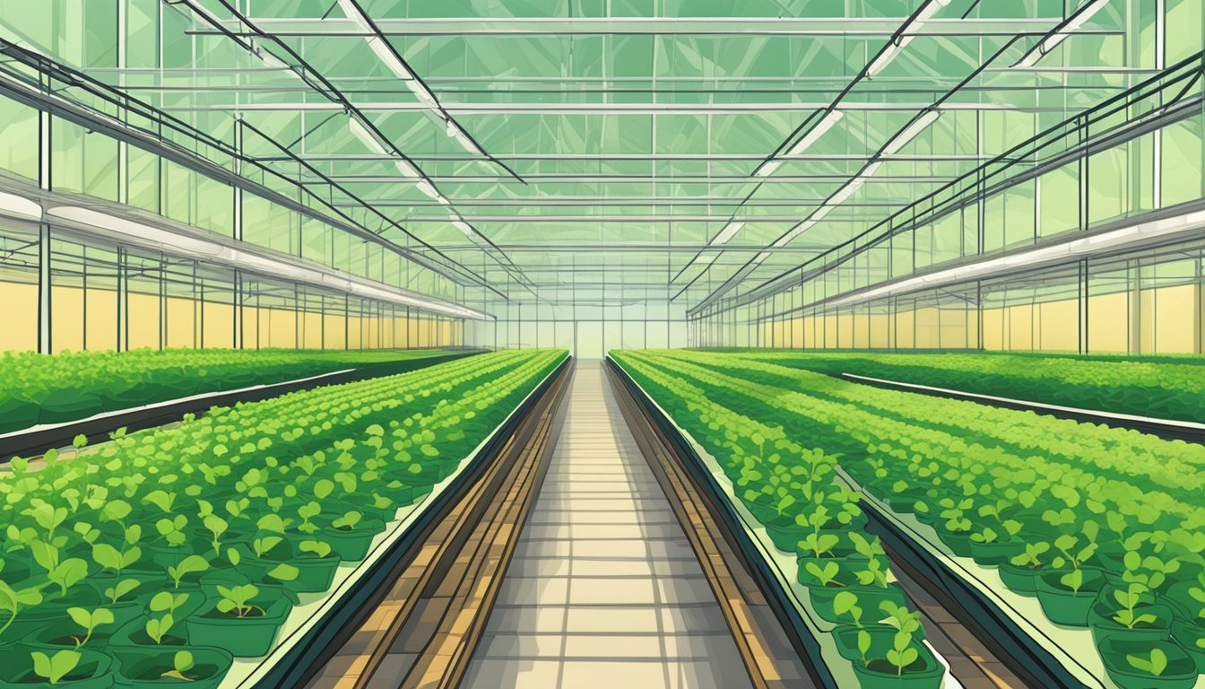 A greenhouse with multiple rows of healthy vegetable seedlings, each surrounded by small fans to improve air circulation and prevent damping off