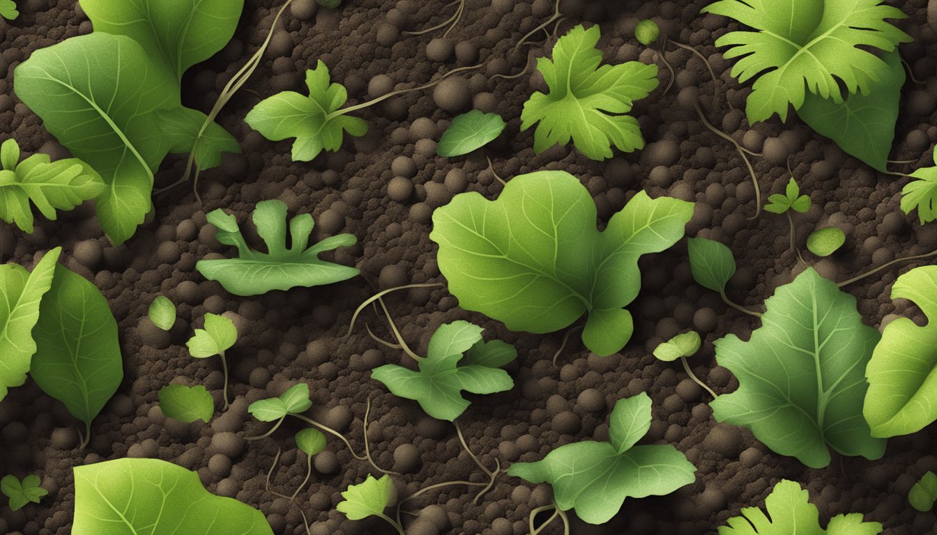 Fresh soil with visible tracks and scattered leaves. Small holes and eaten leaves on surrounding vegetable plants