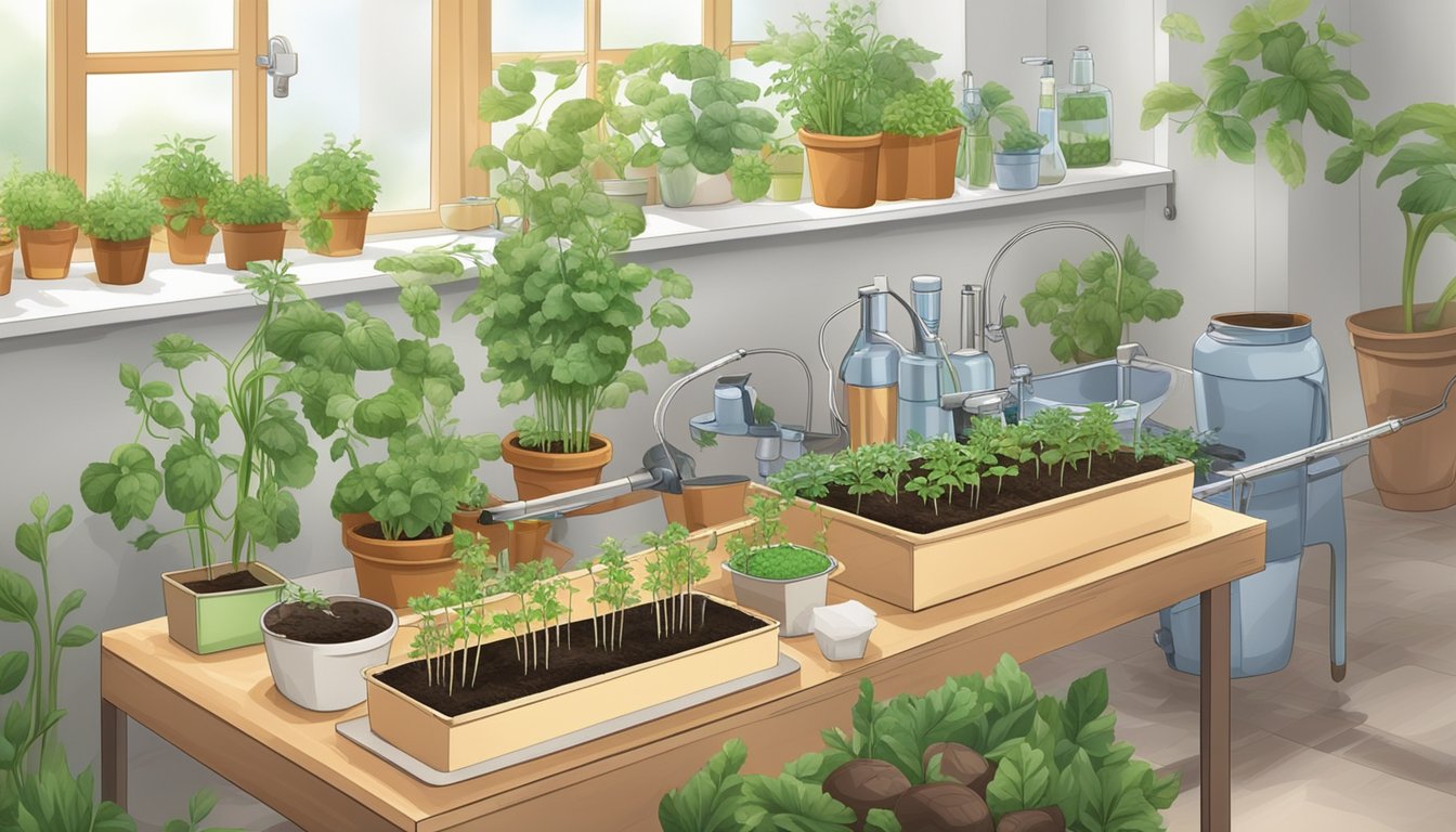 Gardening tools being sterilized in a solution, surrounded by vegetable seedlings in pots, with measures to prevent damping off displayed nearby