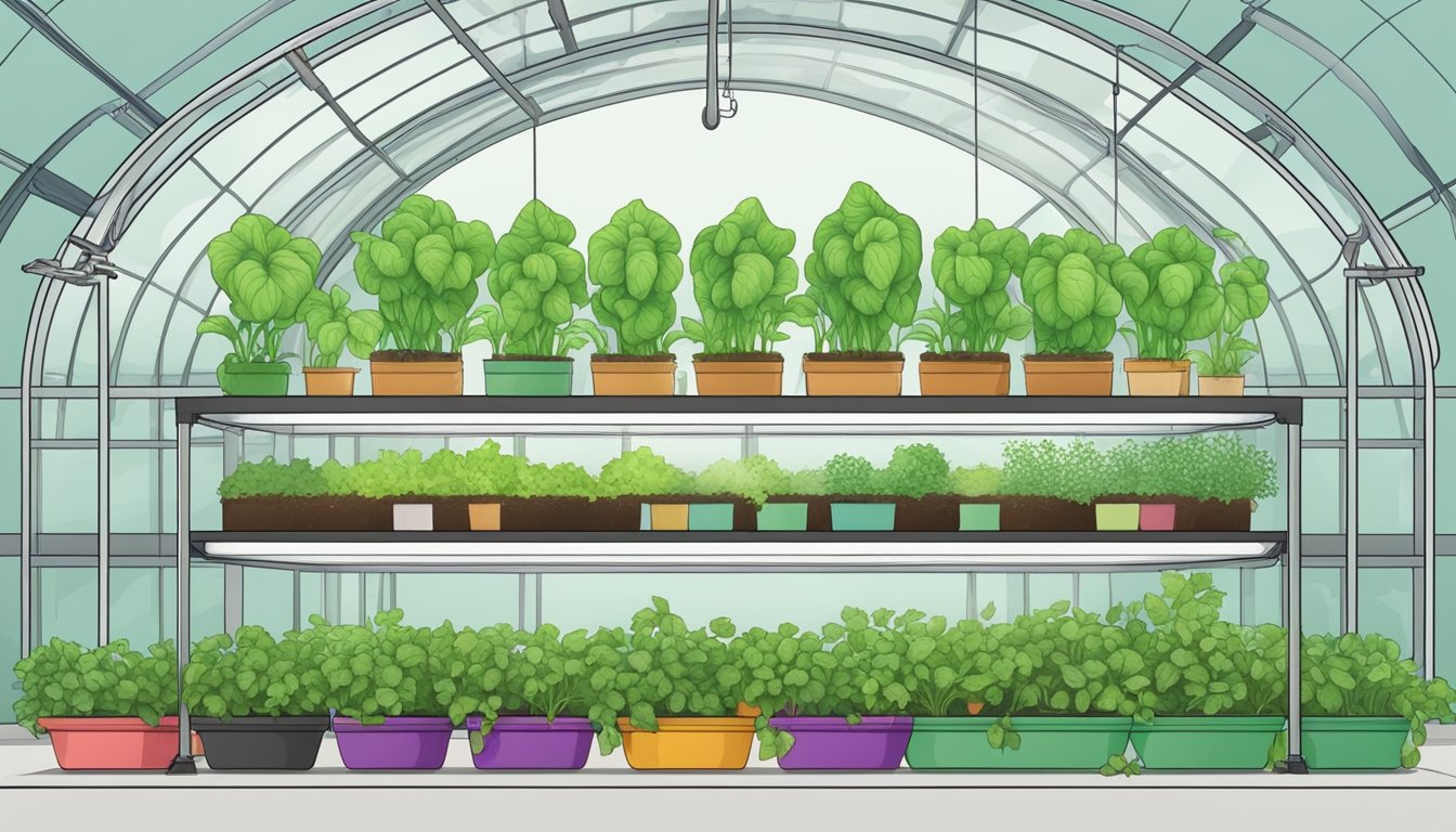 A greenhouse with a humidifier set to the appropriate level, surrounded by healthy and vibrant vegetable seedlings in various stages of growth