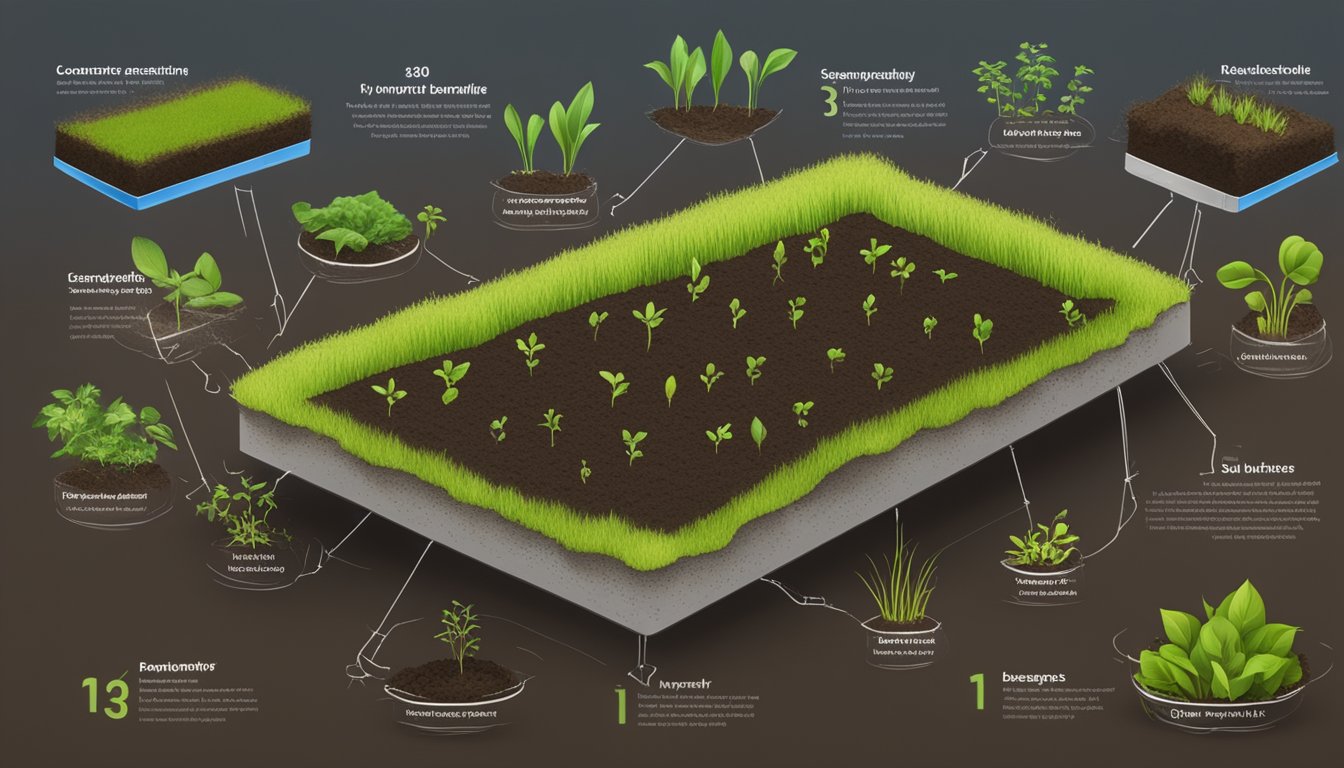 Moist soil with healthy green seedlings, surrounded by 13 different preventative measures against damping off