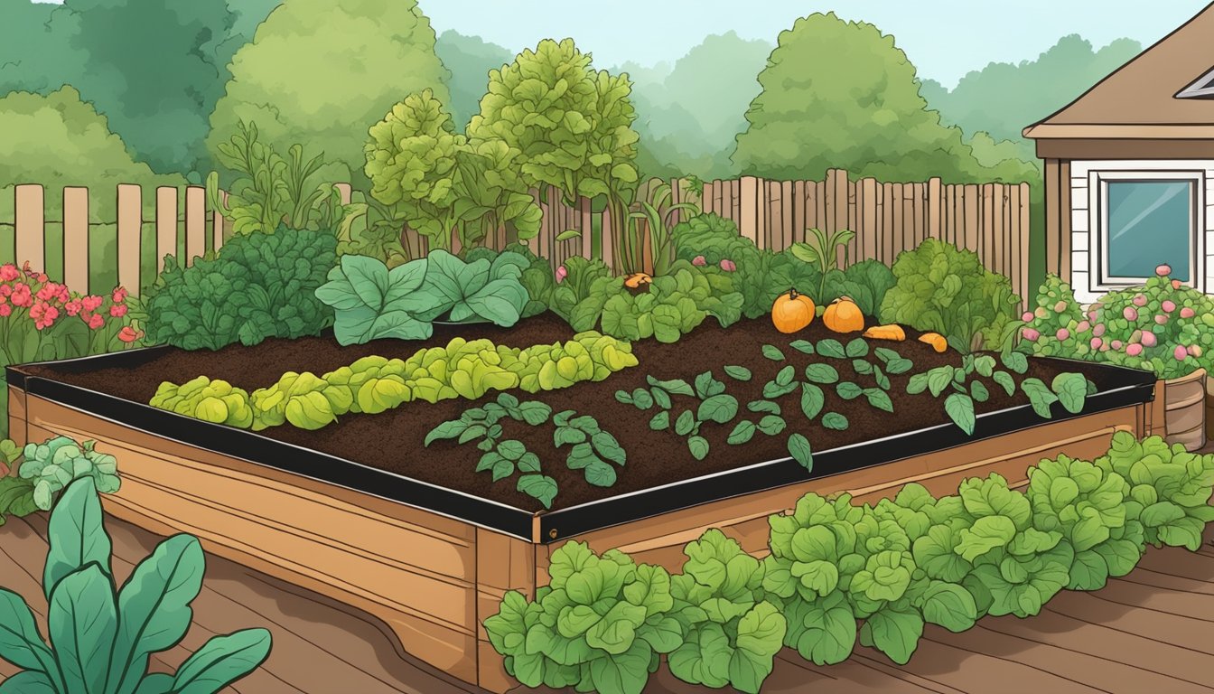 A garden bed with coffee ground mulch, surrounded by thriving vegetable plants. Slugs are repelled by the coffee grounds, leaving the plants unharmed