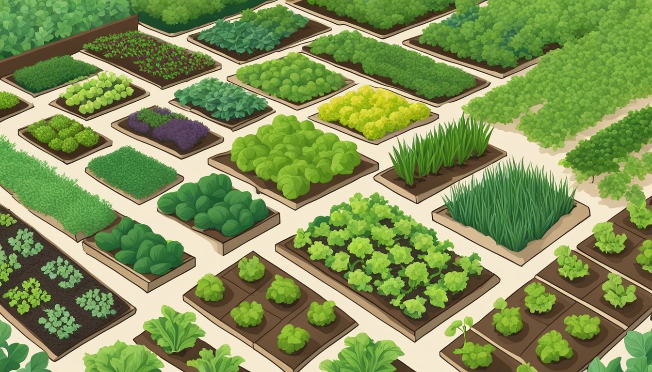 A lush vegetable garden with different crops arranged in a systematic rotation pattern, surrounded by healthy seedlings in various stages of growth