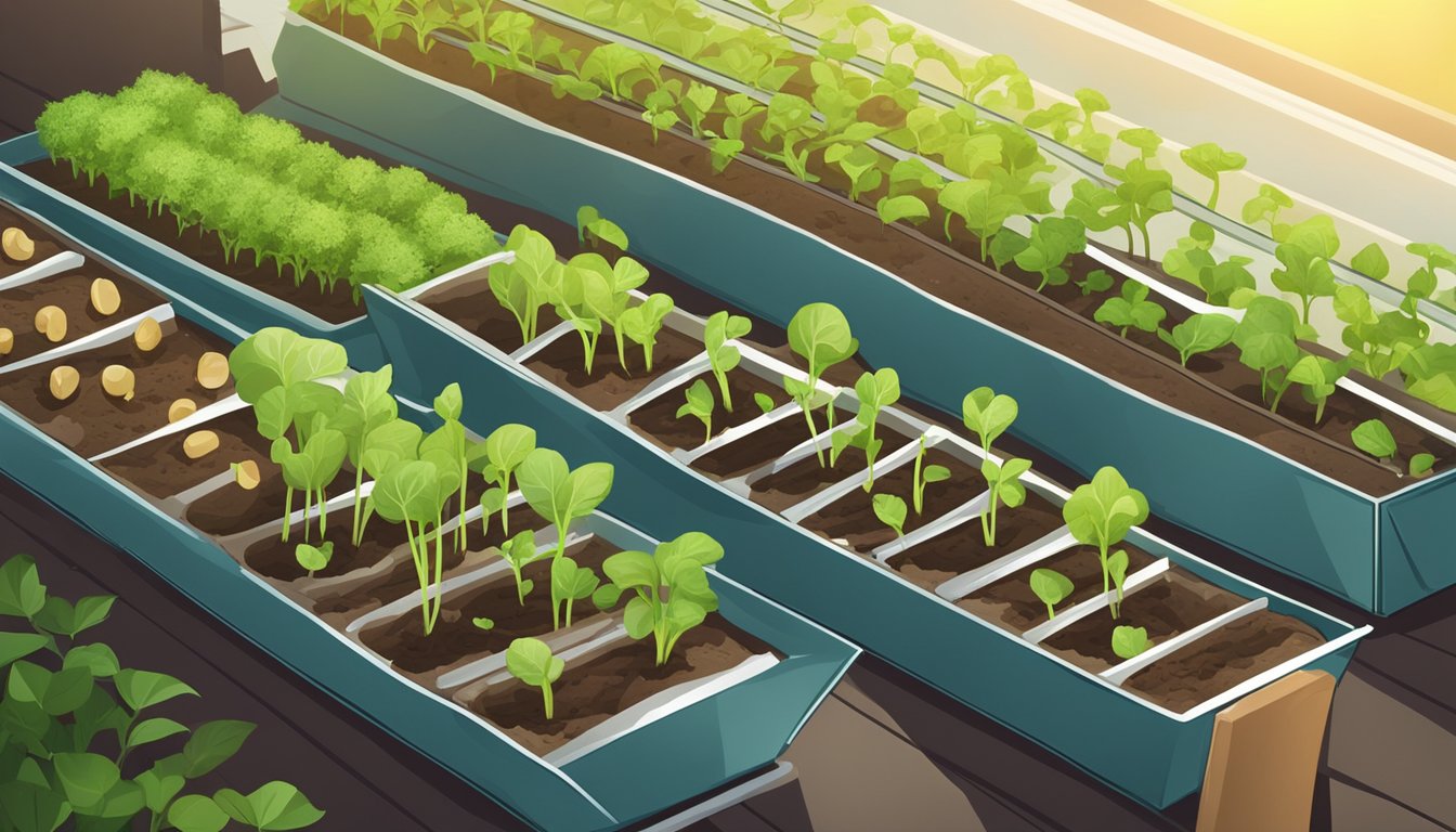 A row of healthy vegetable seedlings bathed in bright light, surrounded by various tools and materials for preventing damping off