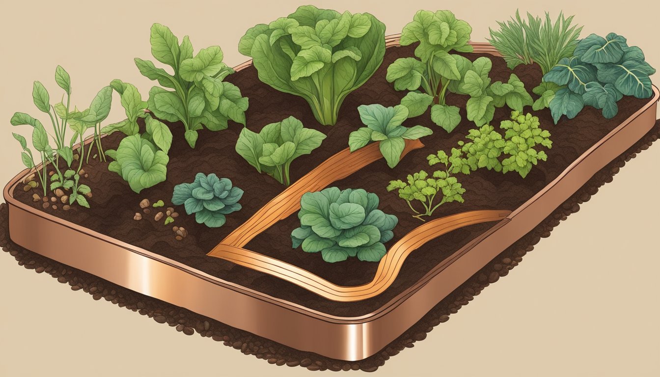 A vegetable bed with copper tape border, coffee grounds spread around plants, slugs repelled by the combination