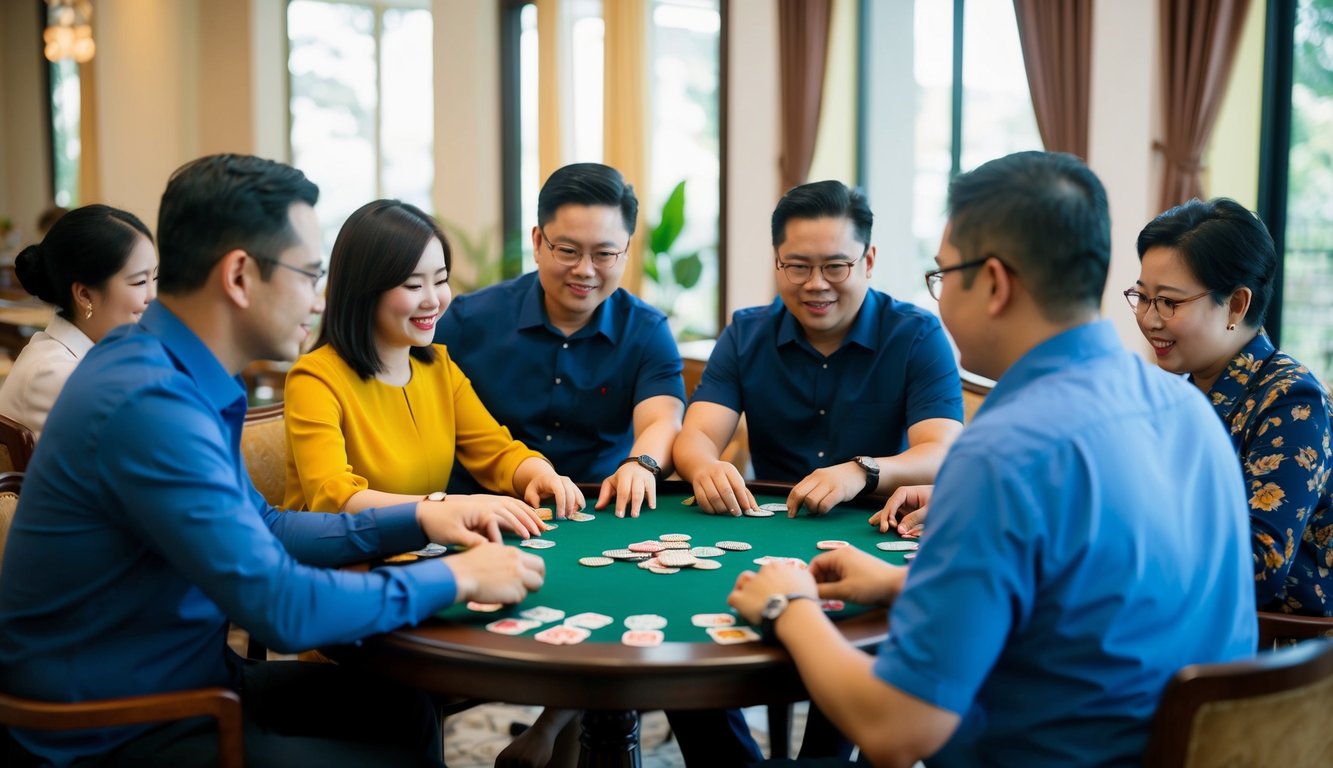 Sekelompok orang duduk di sekitar meja, bermain permainan Bandar Capsa Susun dengan kartu dan chip.