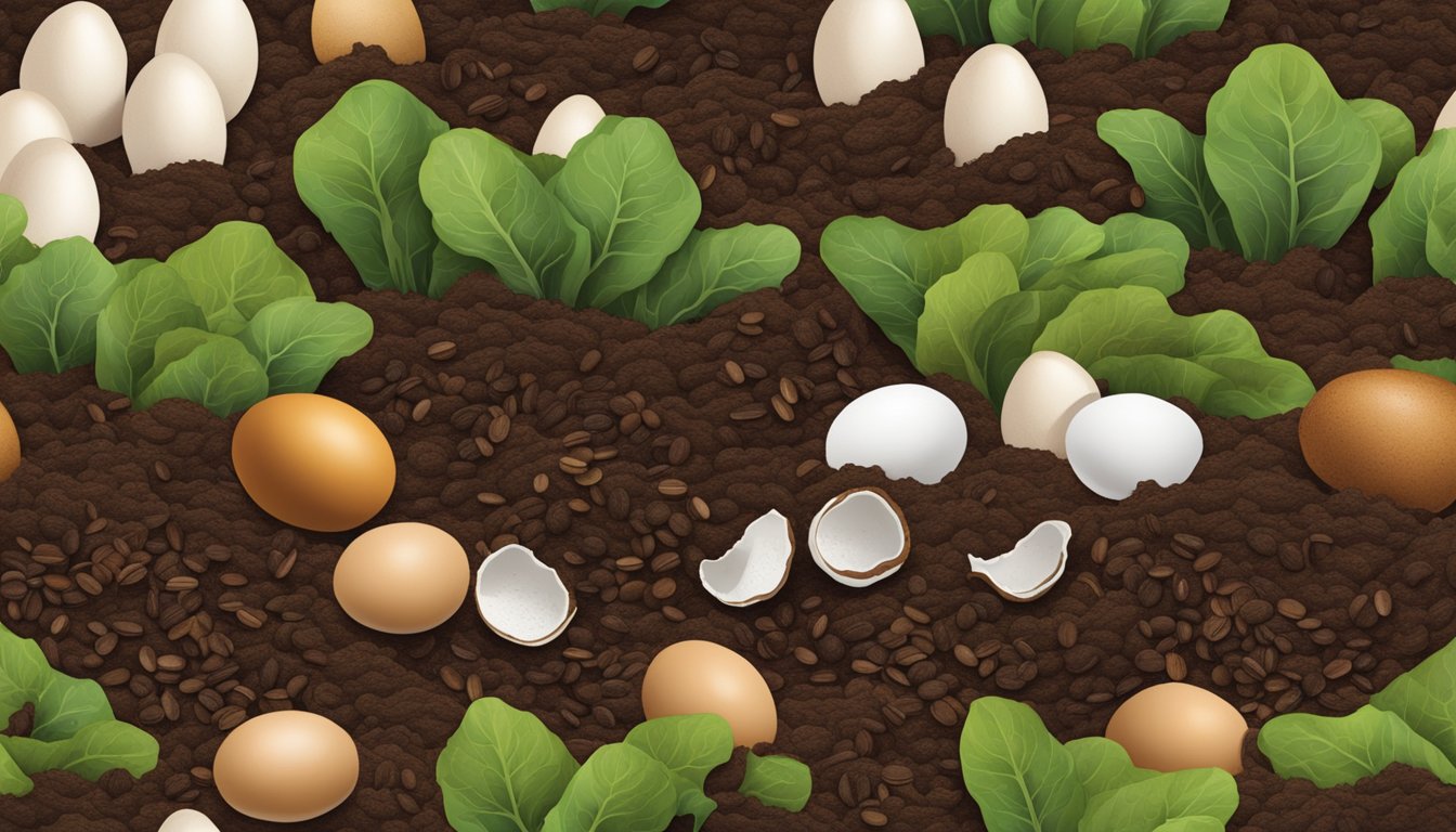 Coffee grounds and eggshells scattered around vegetable beds, with slugs being repelled by the mixture