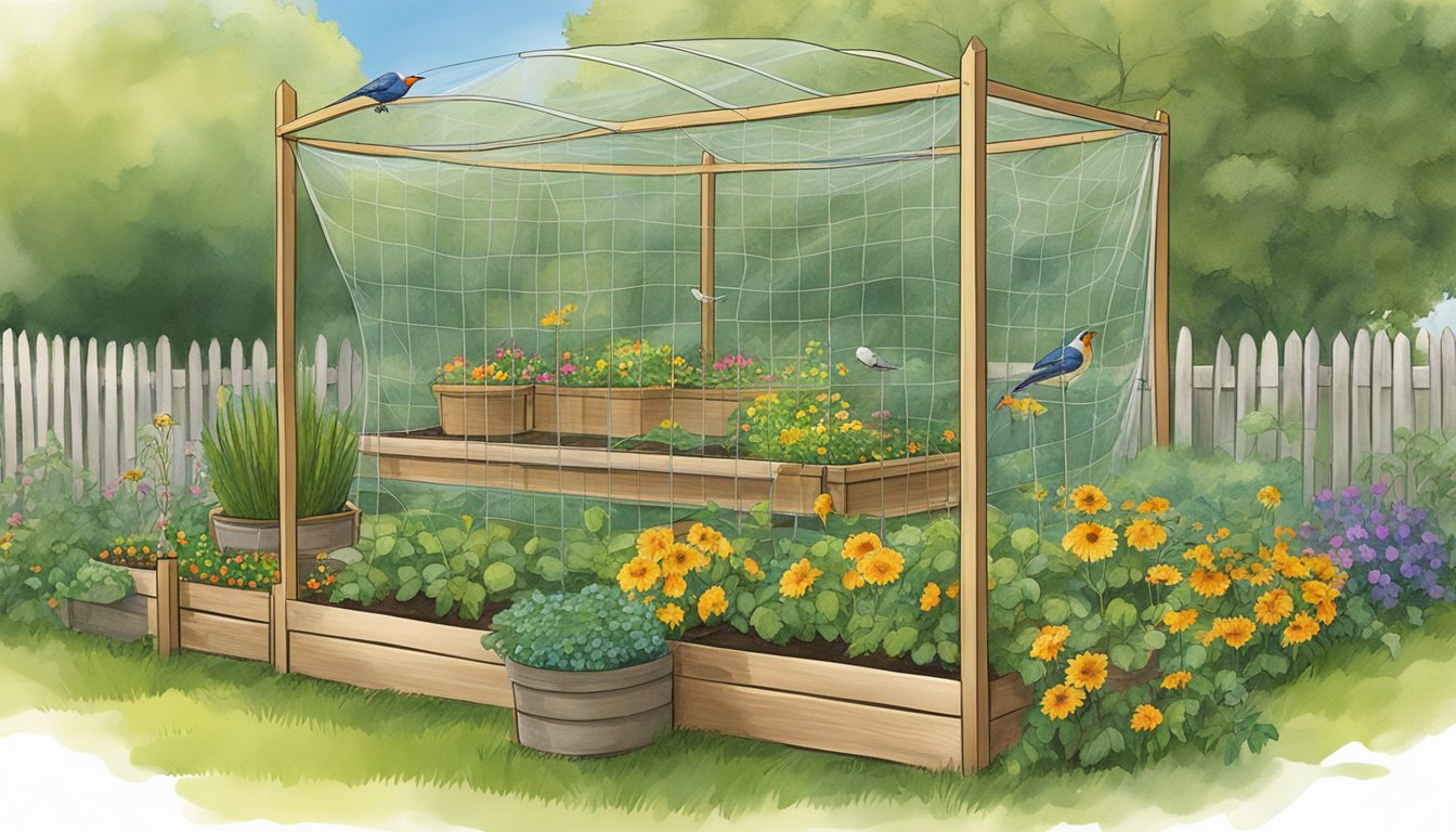 A garden with bird netting draped over raised beds, scarecrow, reflective tape, and hanging wind chimes to deter birds