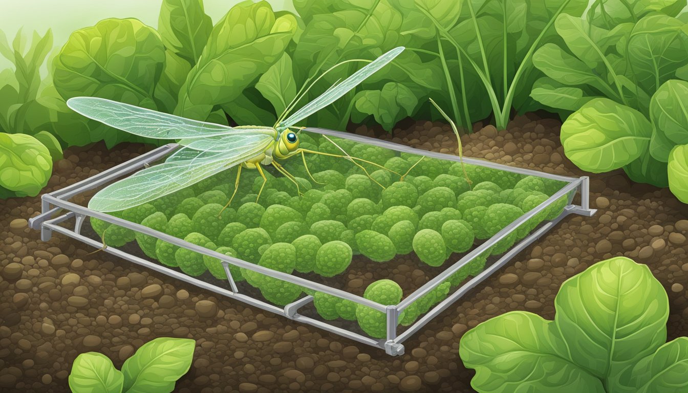 A green lacewing lays eggs near pheromone traps in a vegetable garden