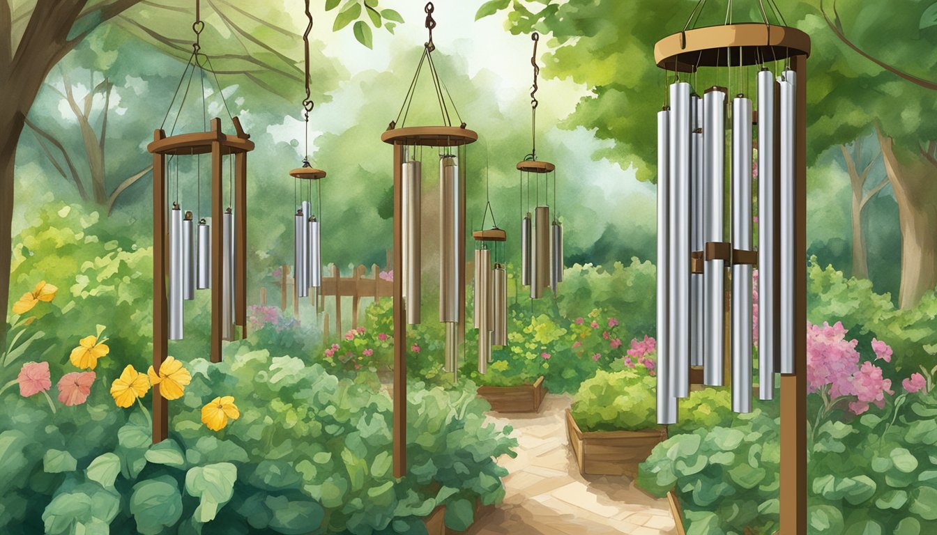 Wind chimes hanging in a lush vegetable garden, deterring birds in 8 natural ways