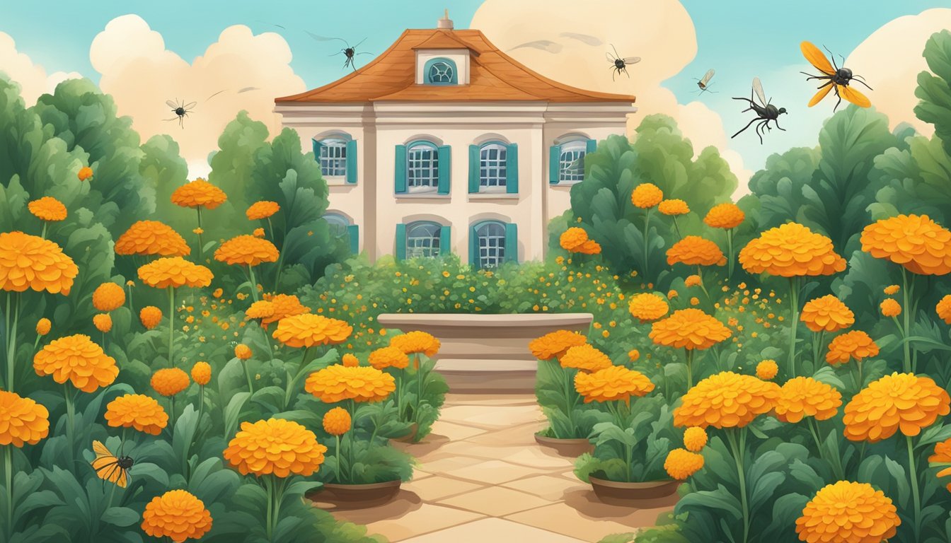 A garden with 15 marigold plants surrounded by flying mosquitoes and garden pests being repelled