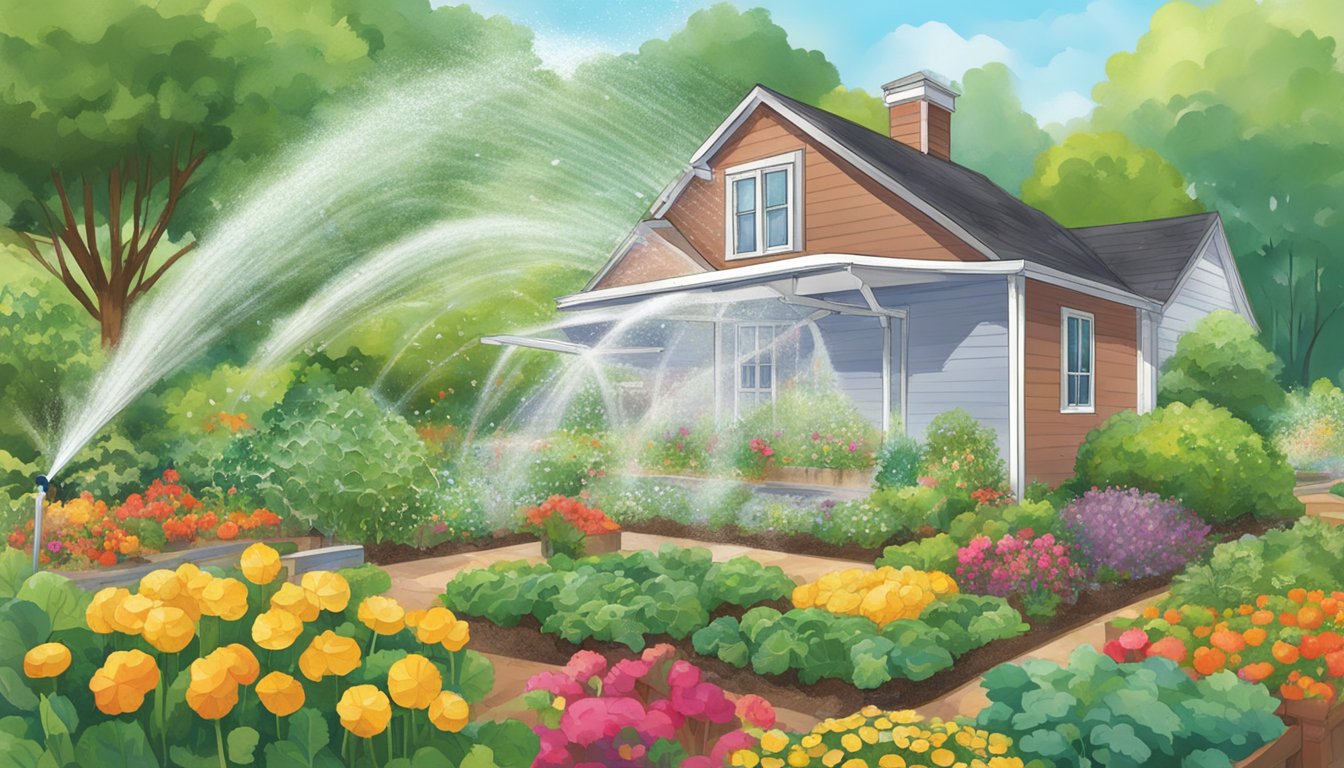 Motion-activated sprinklers spraying water to deter birds from a lush vegetable garden